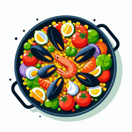 Seafood paella in a frying pan, vector illustration.のイラスト素材