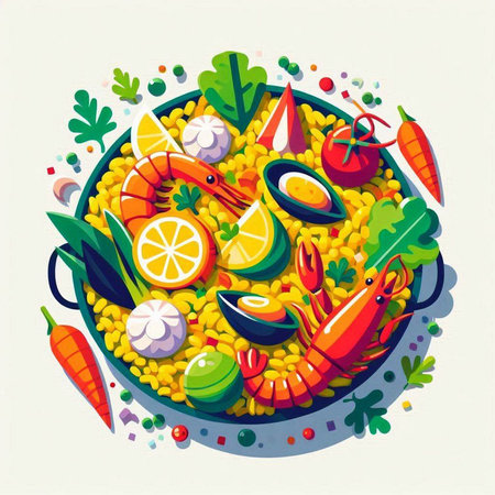 Illustration of a plate with seafood and vegetables. Vector illustration.のイラスト素材
