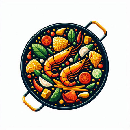Frying pan with shrimps and vegetables. Vector illustration.のイラスト素材
