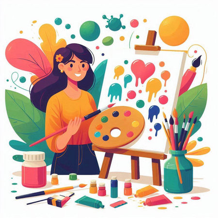 Painter girl with palette of paints and brushes. Vector illustration.のイラスト素材