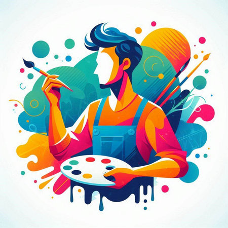 Vector illustration of a painter with palette and brush in his hand.のイラスト素材