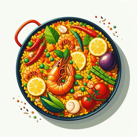 Seafood paella with shrimps and vegetables. Vector illustration.のイラスト素材