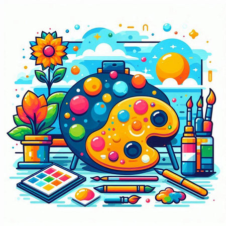 Paint palette, paints and brushes. Colorful vector illustration.のイラスト素材