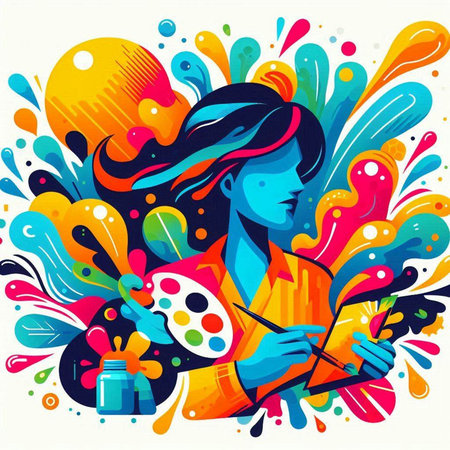 Girl with a palette of colors and a brush. Vector illustration.のイラスト素材