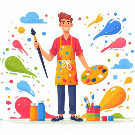 Painter man in apron and apron with palette and brush. Vector illustrationのイラスト素材