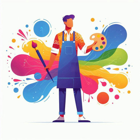 Painter in apron with palette and brush. Vector flat illustration.のイラスト素材
