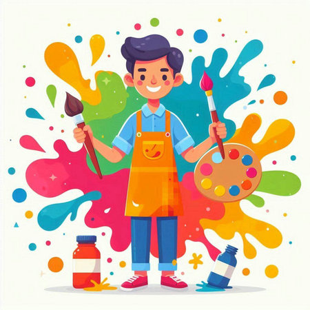 Artist boy with palette and paint brush. Flat vector cartoon illustration.のイラスト素材