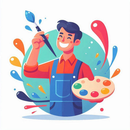 Cartoon vector illustration of painter with palette, brush and paint splashesのイラスト素材