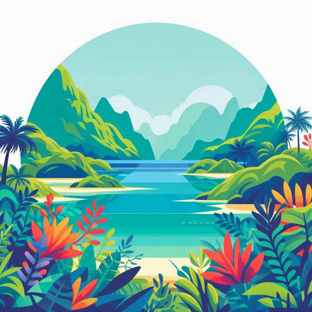 Tropical landscape with palm trees and lake. Vector illustration.のイラスト素材