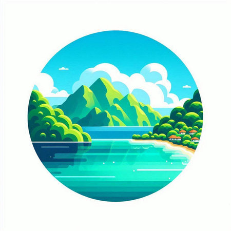 Beautiful summer landscape with a lake and mountains. Vector illustration.のイラスト素材