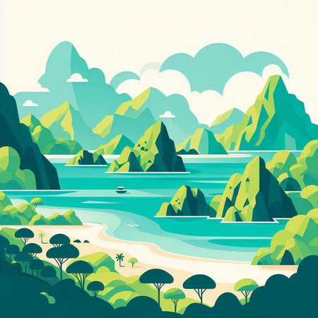 Summer landscape with mountains and sea. Vector illustration in retro style.のイラスト素材
