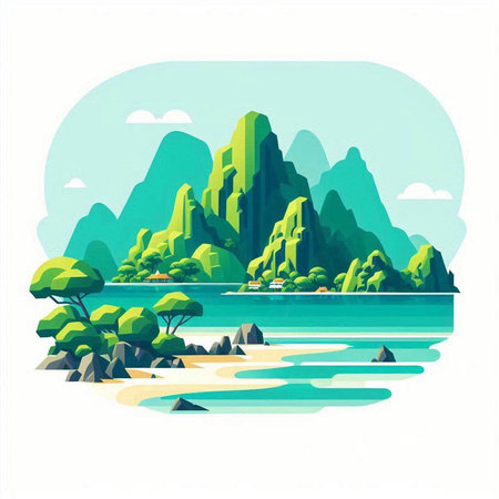Landscape of tropical island in flat style. Vector Illustration.のイラスト素材
