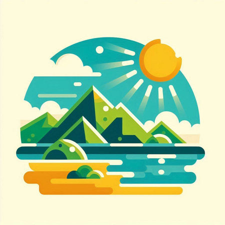 Mountains and sun in the sky. Vector illustration in flat styleのイラスト素材