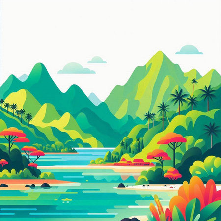 Landscape with river, mountains and trees. Hand drawn vector illustration.のイラスト素材