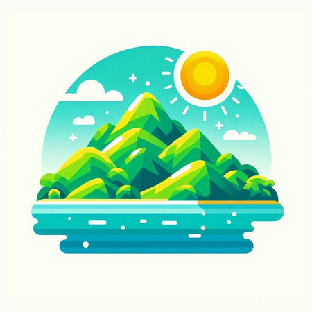 Landscape with mountains, sea and sun. Vector illustration in flat styleのイラスト素材