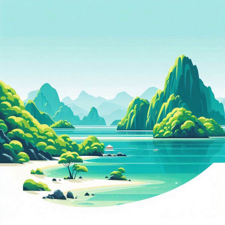 Landscape with mountains, sea and island in the water. Vector illustration.のイラスト素材