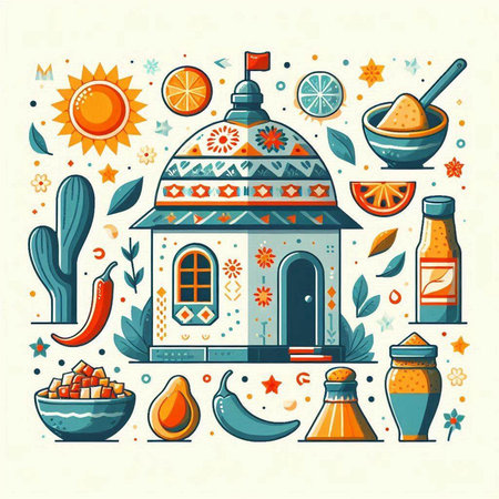 Vector illustration in flat style with indian house, spices and ingredients.のイラスト素材