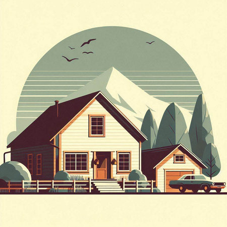 Wooden cottage in the mountains. Vector illustration in retro style.のイラスト素材