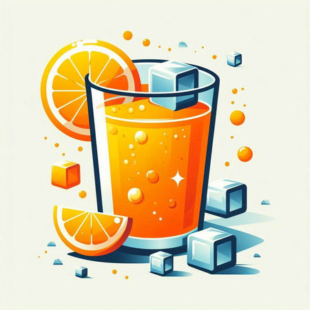 Orange juice with ice cubes and slices of orange. Vector illustration.のイラスト素材