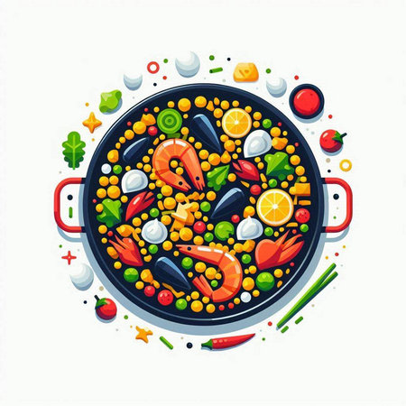 Illustration of paella with shrimps and vegetables on white backgroundのイラスト素材