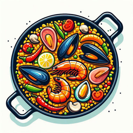 Seafood paella in a frying pan. Vector illustration.のイラスト素材