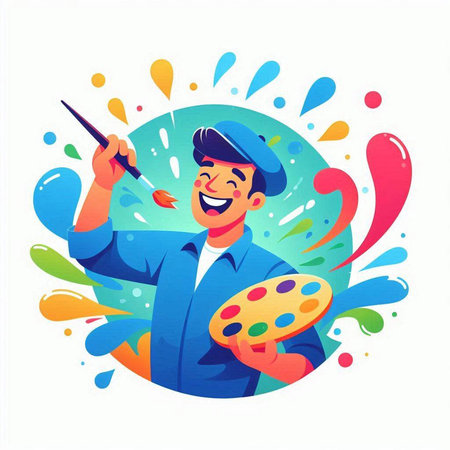 Artist painter with palette and brush. Vector illustration in cartoon style.のイラスト素材