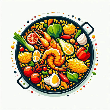 Seafood and vegetables in a frying pan. Vector illustration.のイラスト素材