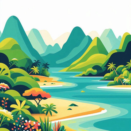 Beautiful landscape with mountains, river and palms. Vector illustration.のイラスト素材