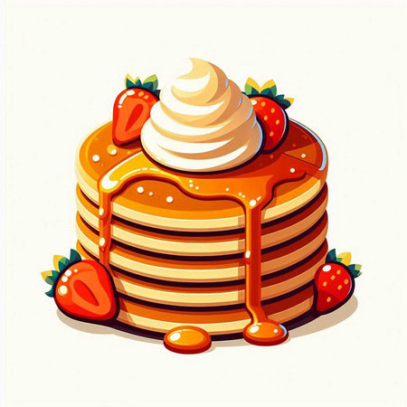 Illustration of a delicious american pancakes with strawberry and whipped creamのイラスト素材