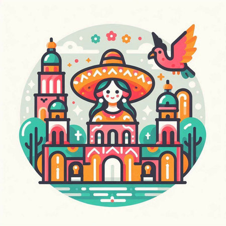 Vector illustration of mosque and woman in mexican sombreroのイラスト素材
