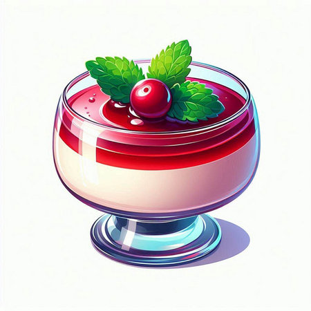 Panna cotta with cherries and mint. Vector illustration.のイラスト素材
