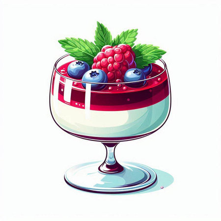 Vector illustration of a glass of yogurt with berries and mint leaves.のイラスト素材