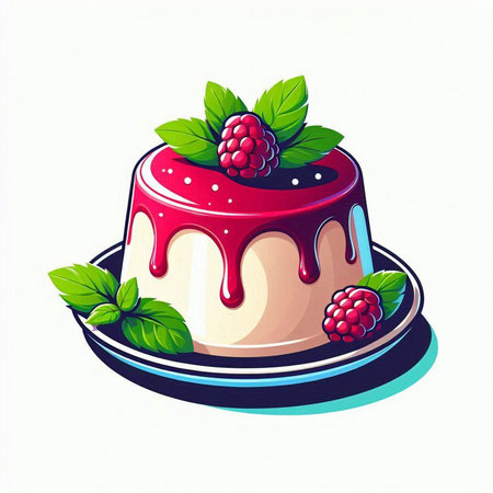 Panna cotta with raspberries and mint on a white backgroundのイラスト素材