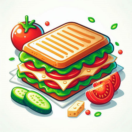 Sandwich with tomato and cucumber on white background. Vector illustration.のイラスト素材