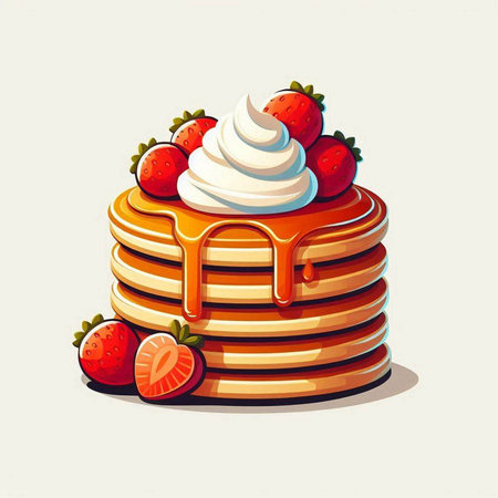 illustration of a stack of pancakes with strawberry and whipped cream on a white backgroundのイラスト素材