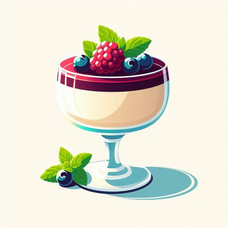 Chocolate pudding with berries and mint in a glass, vector illustrationのイラスト素材