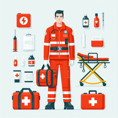 Vector illustration of a paramedic in uniform with a set of medical equipment.のイラスト素材