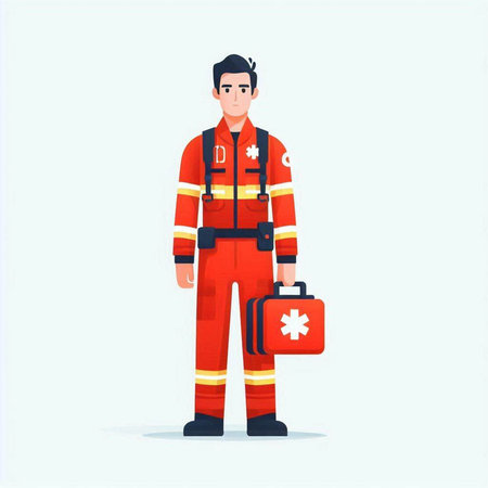 Firefighter in uniform with first aid kit. Flat vector illustration.のイラスト素材