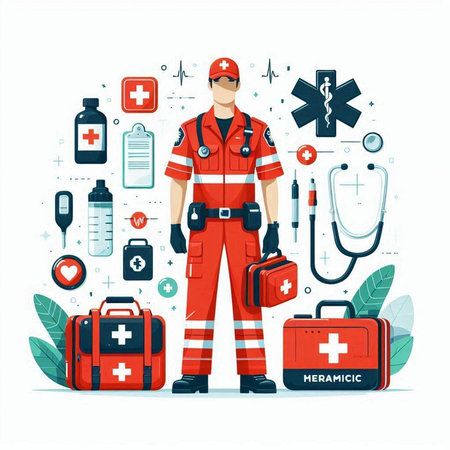 Medical doctor, paramedic, paramedic in uniform with equipment. Vector illustration.のイラスト素材