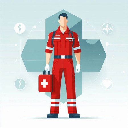 Fireman in uniform with first aid kit. Flat vector illustration.のイラスト素材