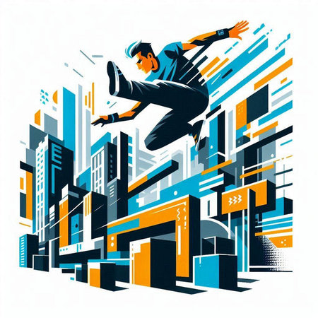 Skateboarder jumping in the city. Colorful vector illustration.のイラスト素材