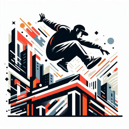 Skateboarder jumping over the city. Skateboarding. Vector illustration.のイラスト素材