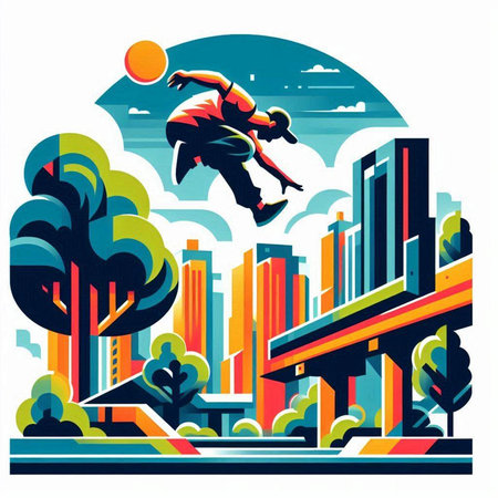 Skateboarder jumping over the bridge. Vector illustration in retro style.のイラスト素材