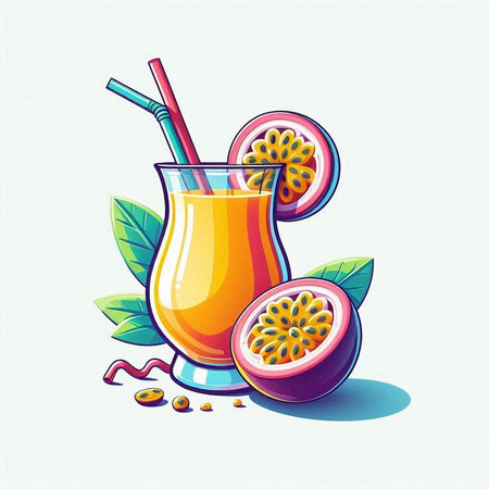 Vector illustration of a glass of fresh passion fruit juice with a strawのイラスト素材