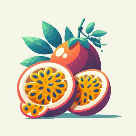 Passion fruit illustration. Vector illustration of a passion fruit with leaves.のイラスト素材