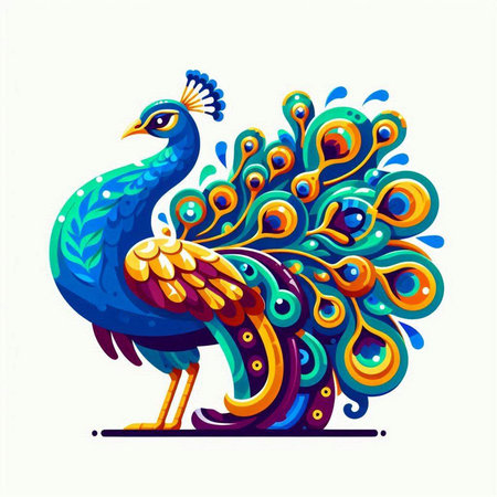 Colorful peacock on white background. Vector illustration in cartoon style.のイラスト素材