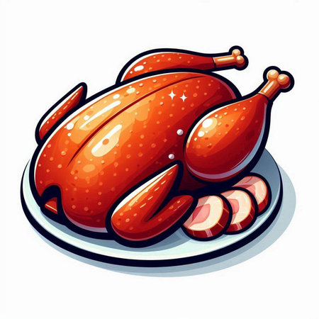 Illustration of roasted turkey on a plate isolated on white background.のイラスト素材
