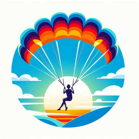 Parachutist on the background of the sunset. Vector illustrationのイラスト素材