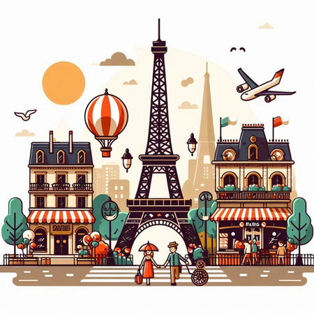 Paris, France. Travel and tourism concept. Vector illustration in flat styleのイラスト素材