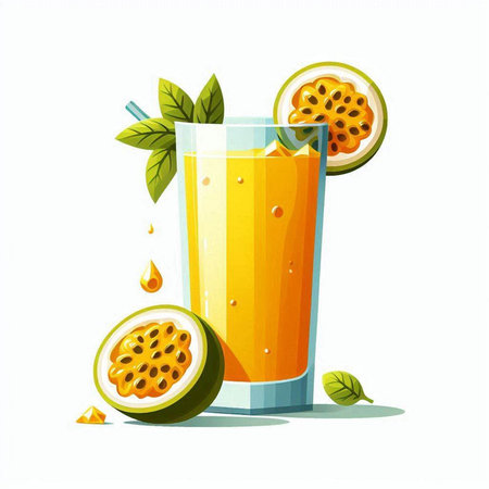 Vector illustration of glass of fresh passion fruit juice with ice cubes.のイラスト素材
